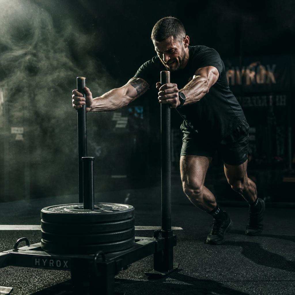 Athlete pushing a HYROX sled